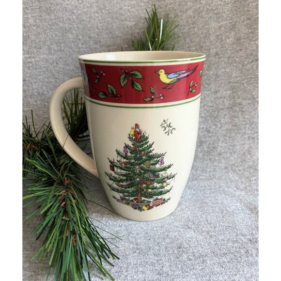 Spode Vintage Christmas Tree Mug Red Band Tall Design Hot Chocolate - Picture 2 of 8